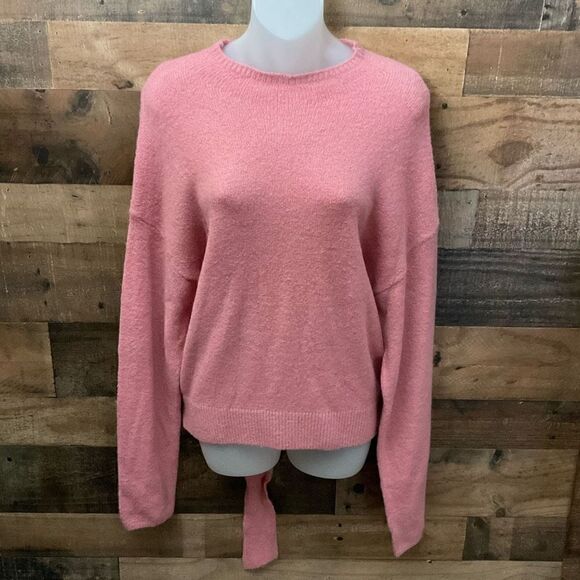 WAYF Sweater Pullover Crew Neck Pink Blush Bow Tie Ribbed Hem Women Size Large - Picture 11 of 11
